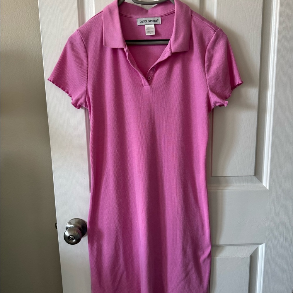 Cotton Emporium, preppy dress, M, pink, ribbed, short sleeve, collared, V-neck